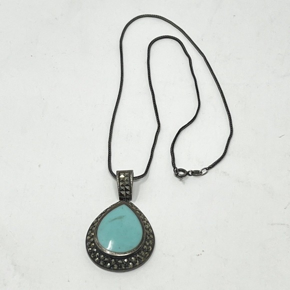 Vintage Sterling Silver Turquoise Marcasite Pendant Victorian
